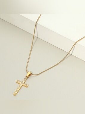 18K Gold Dipped Stainless Steel Stone Paved Cross Pendant Necklace